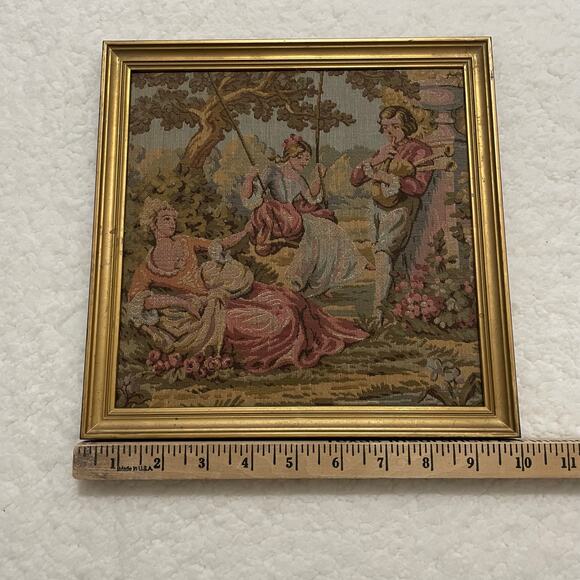 Vintage Belgian Gobelin style Tapestry Wall Art Romantic Scene Gold frame 10x10 - Picture 1 of 7